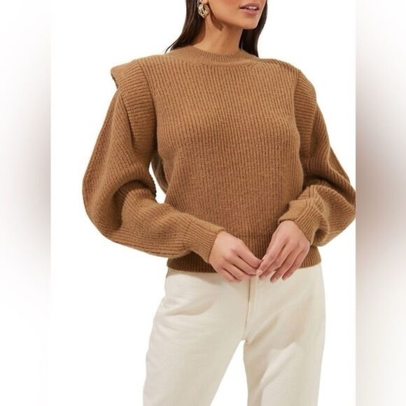 Astr Sweaters - Astr The Label Romina Crew Neck Ribbed Knit Baloon Sleeves Brown Camel Sz large